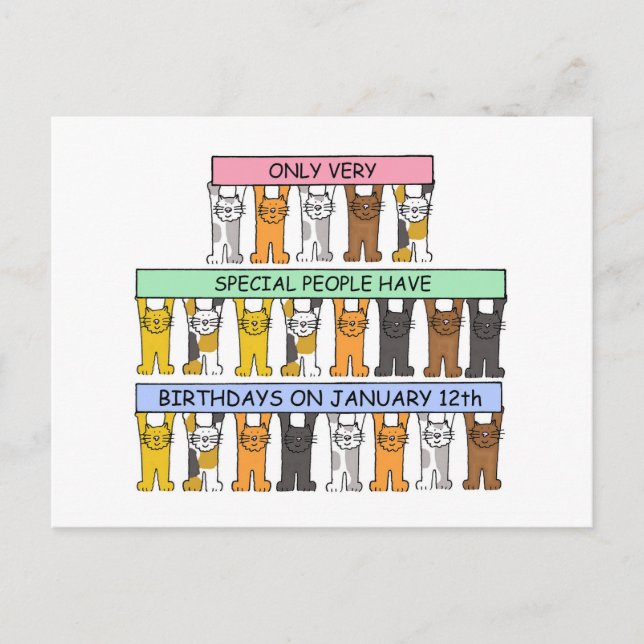 Carte Postale 12 janvier Anniversaire Cute Cartoon Cats (Devant)