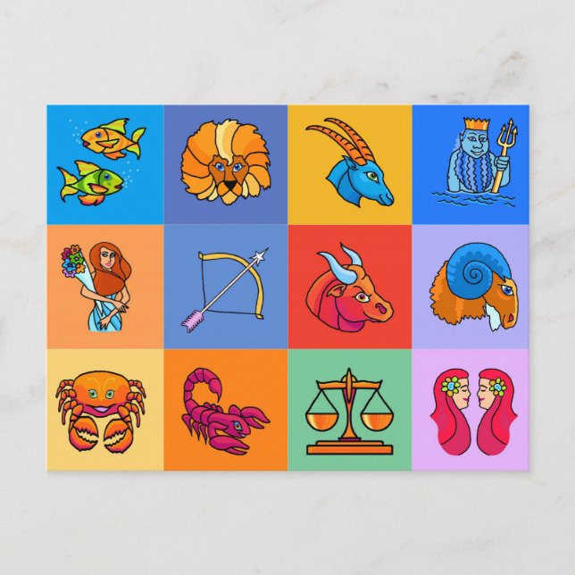 Carte Postale 12 signes zodiaques style dessin animé (Devant)