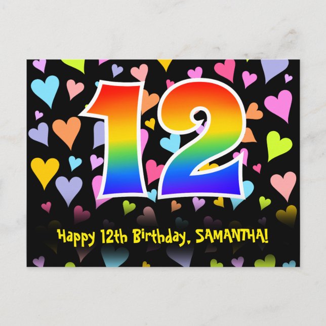 Carte Postale 12e anniversaire : motif de cœurs amusants, arc-en (Devant)