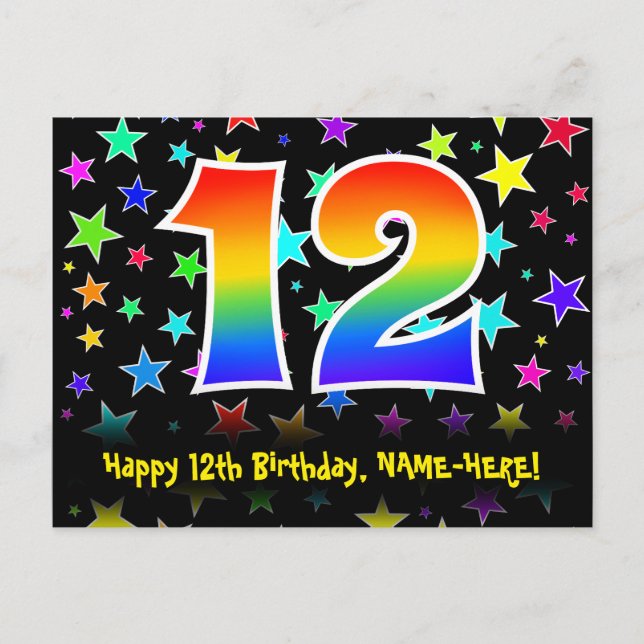 Carte Postale 12e Anniversaire : motif d'étoiles amusantes, arc- (Devant)