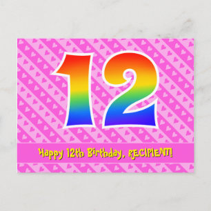 Carte Postale 12e anniversaire : Rayures roses et cœurs, Arc-en-