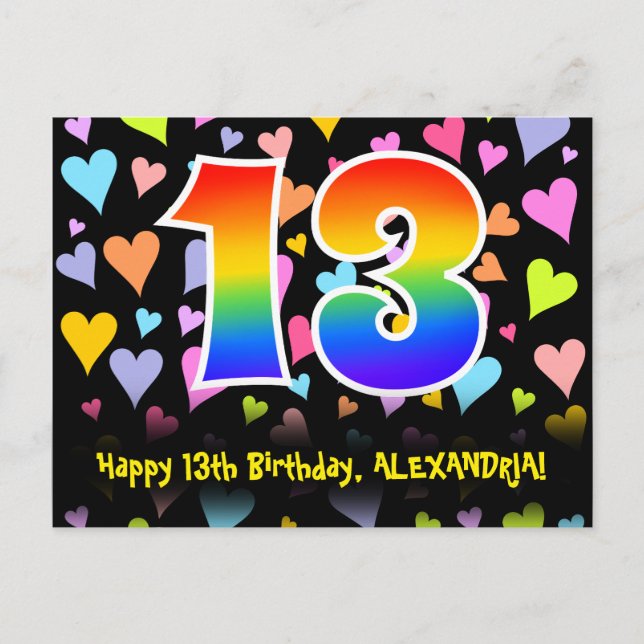 Carte Postale 13e anniversaire : Fun Hearts Motif, Arc-en-ciel 1 (Devant)