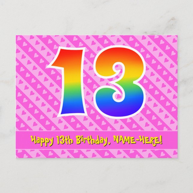 Carte Postale 13e anniversaire : Rayures roses et cœurs, Arc-en- (Devant)