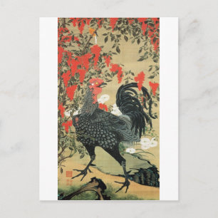 Carte Postale 14. 南 天 雄 鶏 図, 冲 Noix rouges et coq, Jakuchu, 若