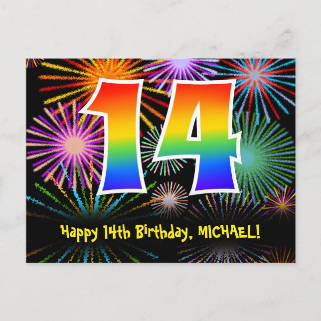 Carte Postale 14e anniversaire - Fun Motif feux d'artifice + Rai (Devant)