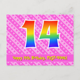 Carte Postale 14e anniversaire : Pink Stripes & Hearts, Rainbow