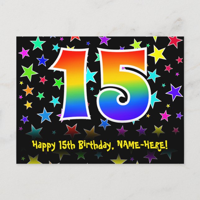 Carte Postale 15e anniversaire : Fun Stars Motif, Rainbow 15, No (Devant)