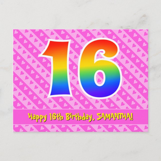 Carte Postale 16e anniversaire : Bandes roses & Cœurs, Arc-en-ci (Devant)