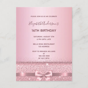 Carte Postale 16e anniversaire de fête blush rose pétillant invi