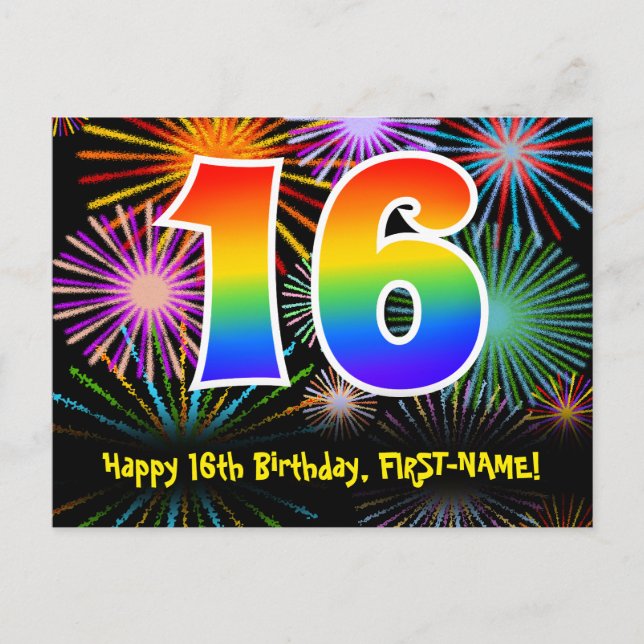 Carte Postale 16e Anniversaire – Motif de feux d'artifice amusan (Devant)