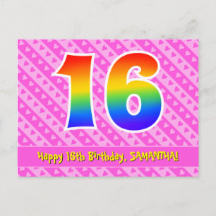 Carte Postale 16e anniversaire : Pink Stripes & Hearts, Arc-en-c
