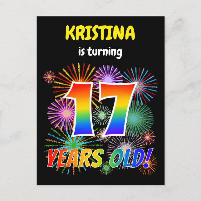 Carte Postale 17e anniversaire - Fun Fireworks, Rainbow Look "17 (Devant)