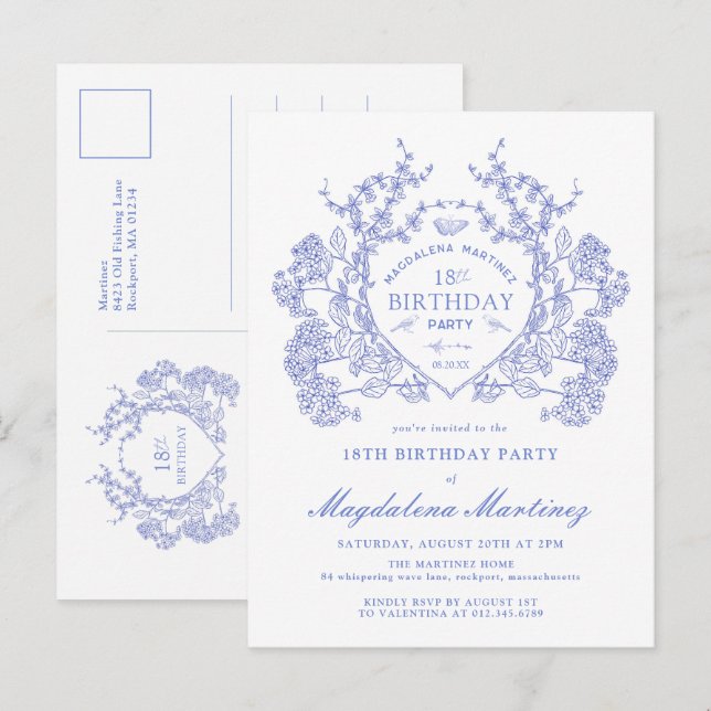 CARTE POSTALE 18e anniversaire Blue Floral Crest I (Devant / Derrière)