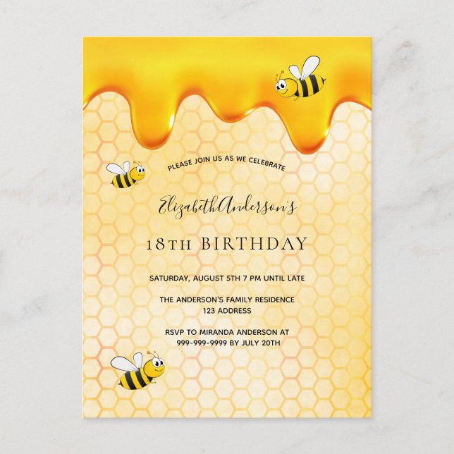Carte Postale 18e anniversaire bumble abeilles nid d'abeille inv (Devant)
