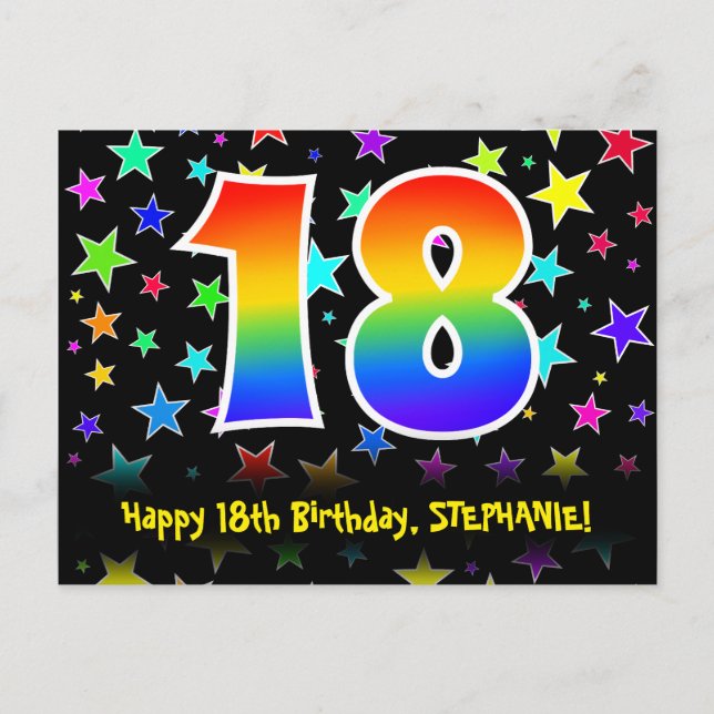 Carte Postale 18e anniversaire : Fun Stars Motif, Rainbow 18, No (Devant)