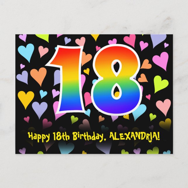 Carte Postale 18e anniversaire : motif de cœurs amusants, arc-en (Devant)