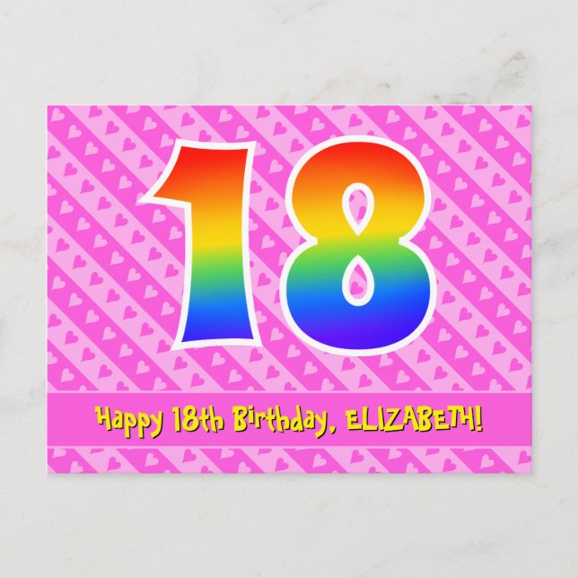 Carte Postale 18e anniversaire : rayures roses et cœurs, arc-en- (Devant)