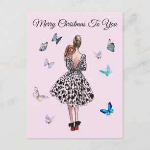 Carte Postale 1950 Femme aux papillons Salutation de Noël