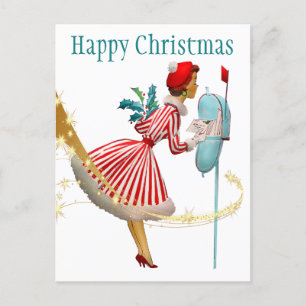 Carte Postale 1950 Vintage femme de Noël avec cadeaux