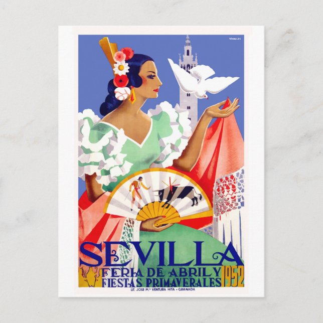 Carte Postale 1952 Séville Espagne Poster de la Foire d'avril (Devant)