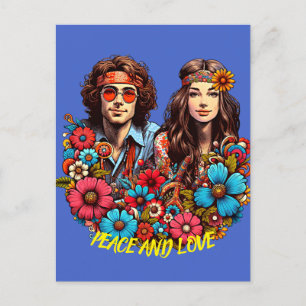 Carte Postale 1960 Hippie Couple enfant à fleurs Peace & Love ar