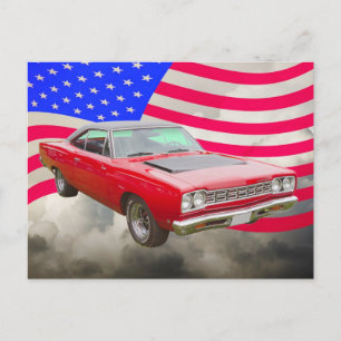 Carte Postale 1968 Plymouth Roadrunner et drapeau américain