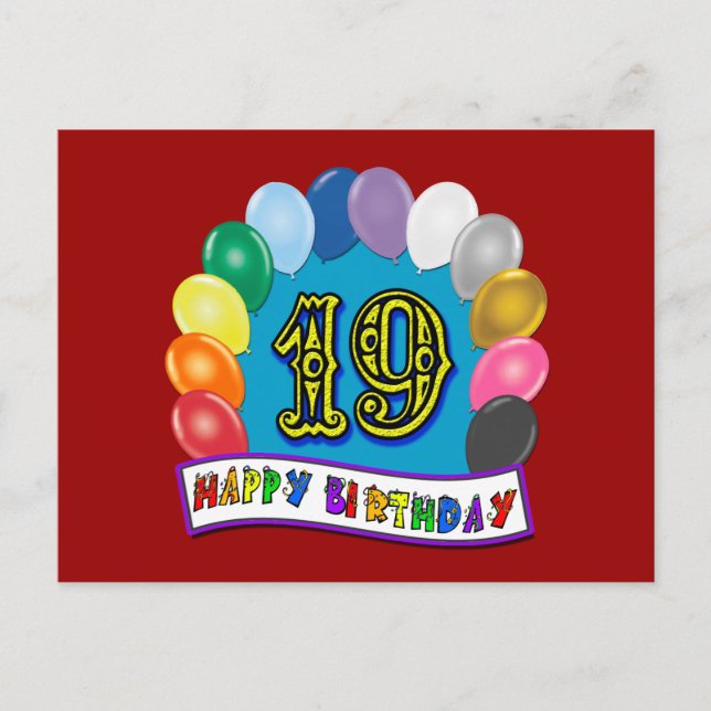 Carte Postale 19e anniversaire Cadeaux avec ballons assortis (Devant)