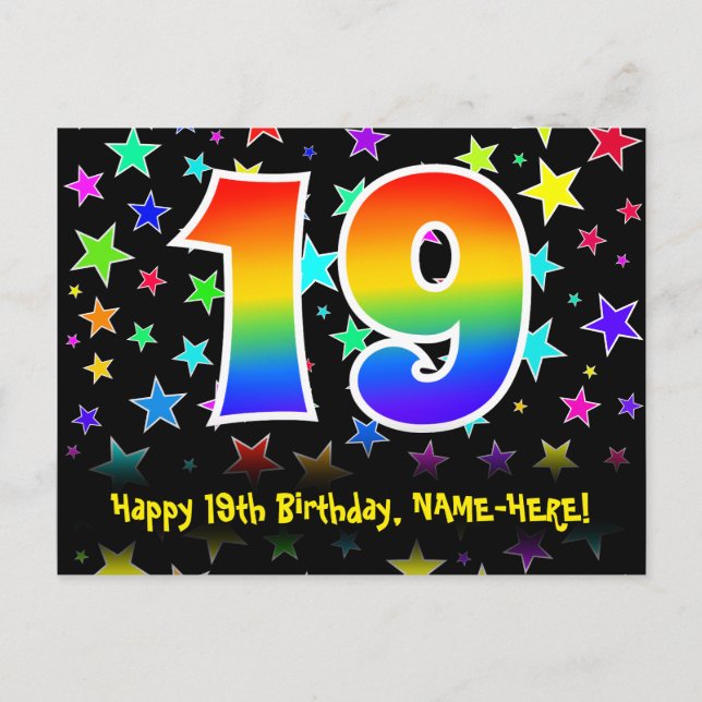 Carte Postale 19e Anniversaire : motif d'étoiles amusantes, arc- (Devant)