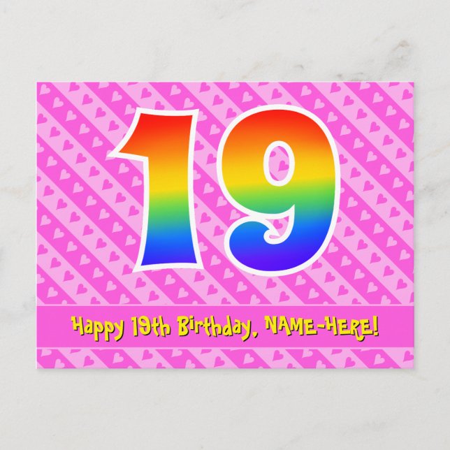 Carte Postale 19e anniversaire : Pink Stripes & Hearts, Rainbow  (Devant)