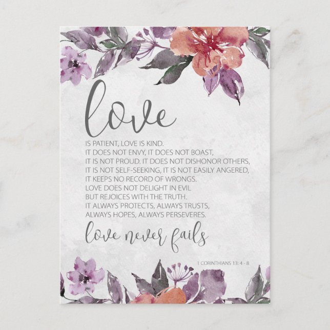 Carte Postale 1 Corinthiens 13:4-8 Floral Bible Verse Mariage (Devant)