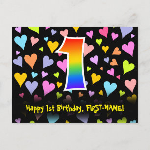 Carte Postale 1er anniversaire : Amusants Coeurs Motif, Arc-en-c