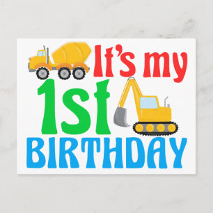 Carte Postale 1er anniversaire Boy Construction Véhicule mignonn