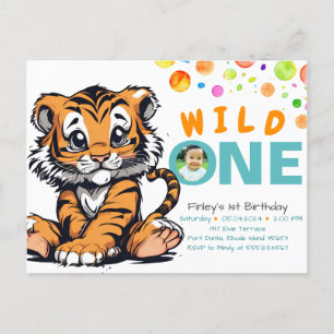 Carte Postale 1er anniversaire de Wild ONE Baby avec tigre et bu
