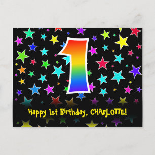 Carte Postale 1er anniversaire : Fun Stars Motif, Rainbow 1, Nom