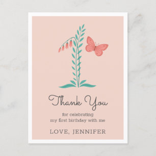 Carte Postale 1ère Bébée Fille Papillon rose Merci floral