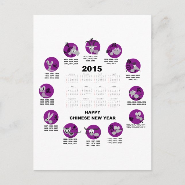 Carte Postale 2015 Zodiac Calendar Happy Chinese New Yr (Devant)