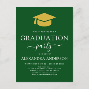Carte Postale 2022 Graduation Party Vert Or moderne Élégant dans