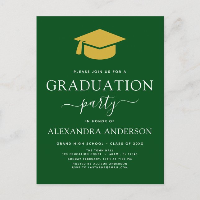 Carte Postale 2022 Graduation Party Vert Or moderne Élégant dans (Devant)