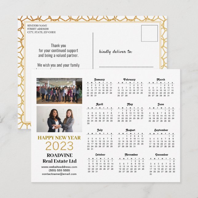Carte Postale 2023 Business Photo Modern Gold Script Calendrier (Devant / Derrière)