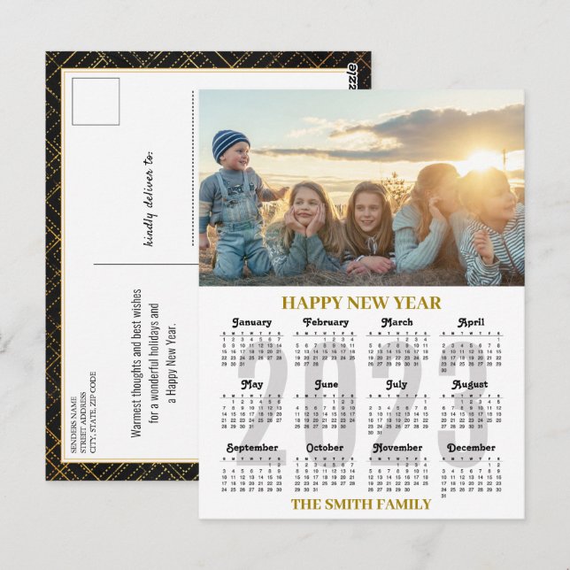 Carte Postale 2023 Calendrier moderne Gold et noir Script photo (Devant / Derrière)