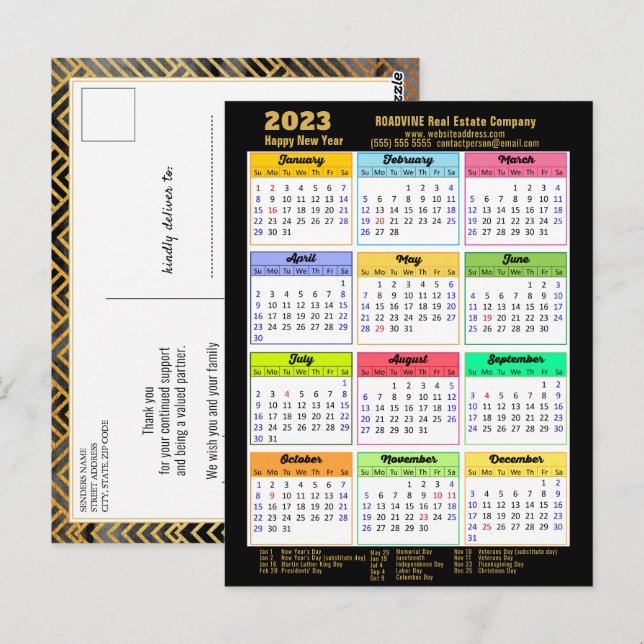 Carte Postale 2023 Entreprise Black Gold Script Calendrier moder (Devant / Derrière)
