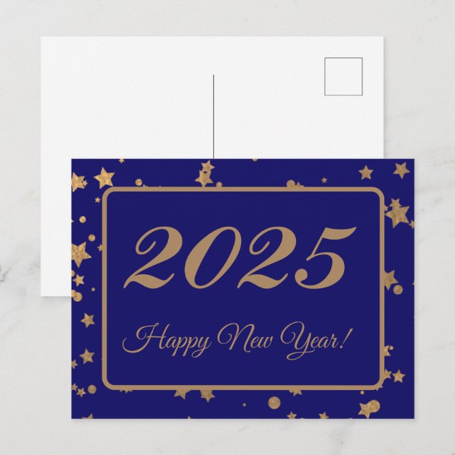 Carte Postale 2025, Bonne année! étoiles d'or et arrière - plan  (Devant / Derrière)