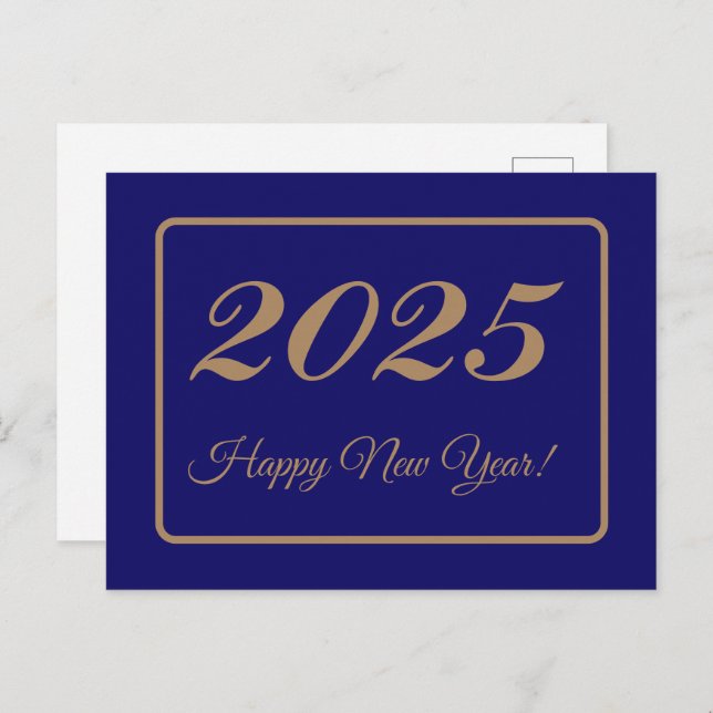 Carte Postale 2025, Bonne année! or et arrière - plan de marine (Devant / Derrière)