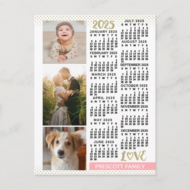 Carte Postale 2025 Calendrier Blush Pink Gold Family Photo Colla (Devant)
