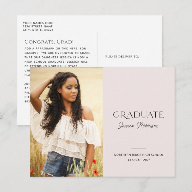 Carte Postale 2025 Simple moderne Blush Pink 1-Photo Graduation (Devant / Derrière)