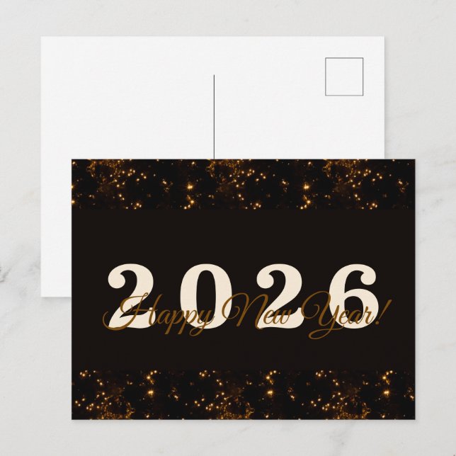 Carte Postale 2026, Bonne année! Parties scintillant d'or noir a (Devant / Derrière)