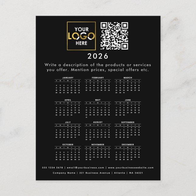 Carte Postale 2026 Calendrier Business Logo Coordonnées Code QR (Devant)