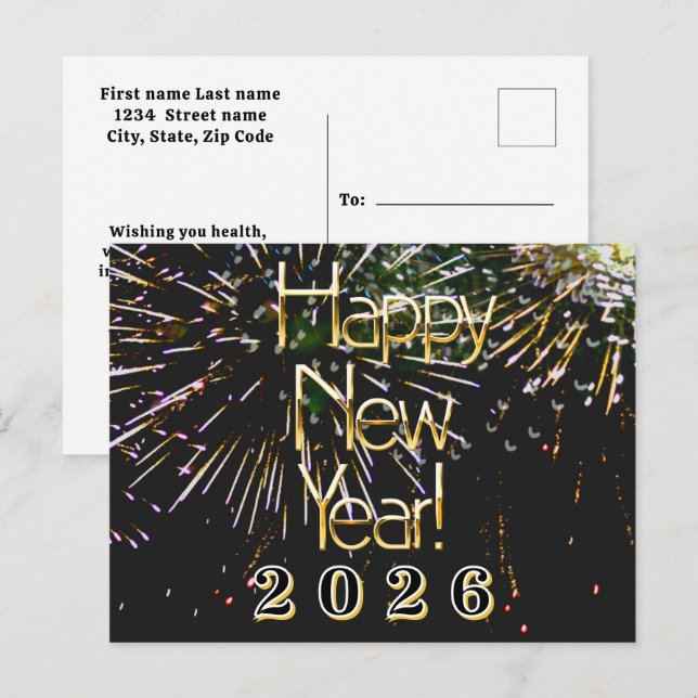 Carte Postale 2026, Joyeux jour férié Feu d'artifice Joyeux Noël (Devant / Derrière)