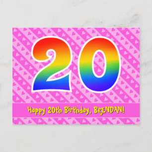Carte Postale 20e Anniversaire : Rayures roses et cœurs, Arc-en-