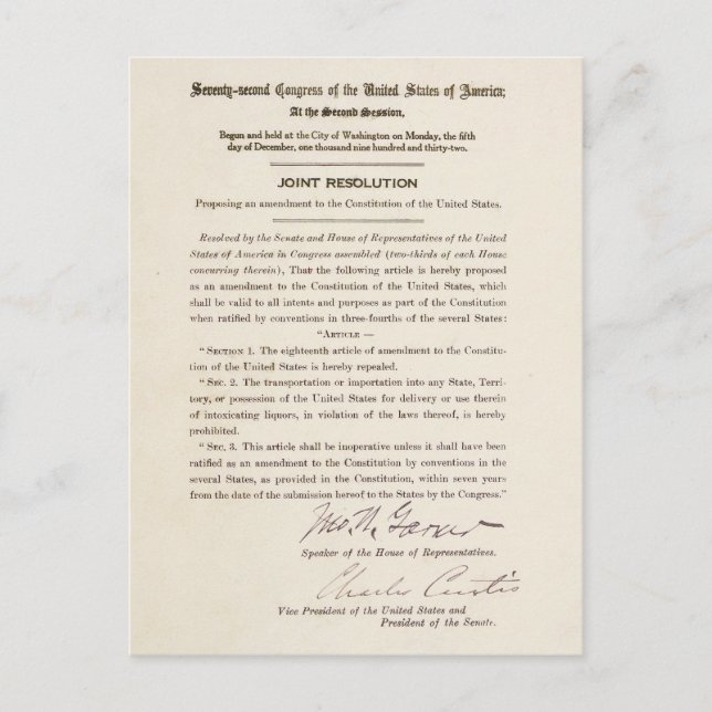 Carte Postale 21e amendement constitutionnel mettant fin à l'int (Devant)